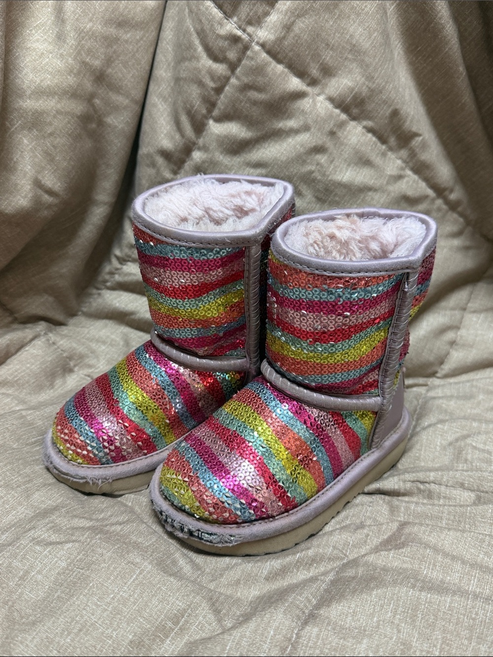 UGG Kids Pink Multicolor Sequin Shearling Boots 8